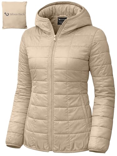 URBAN BUCK Packable Puffer Jacket Women with Hood 32 Degree Heat Lightweight Travel Winter Plan Puff Foldable Jacket for Women - Ember Cream Quilted Water-Resistant & Repellent For Outdoor (XL)