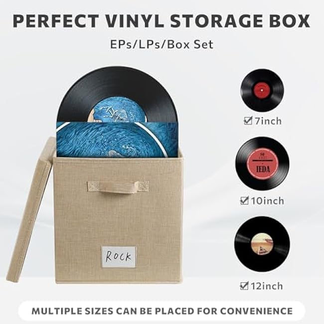 13-Inch Vinyl Record Storage with Divider, Album Storage Organizer Box for Vinyl Records up to 50+ 12-Inch Albums, LP Album Record Box with Lid