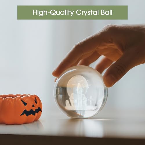 Image of L LOHAS LED 3D Crystal Ball Night Light-Laser Engraved Haunted House Bat | Pumpkin Base, Cute & Funny Halloween Night Light for Kids, 3000K Warm White for Halloween Party Decor