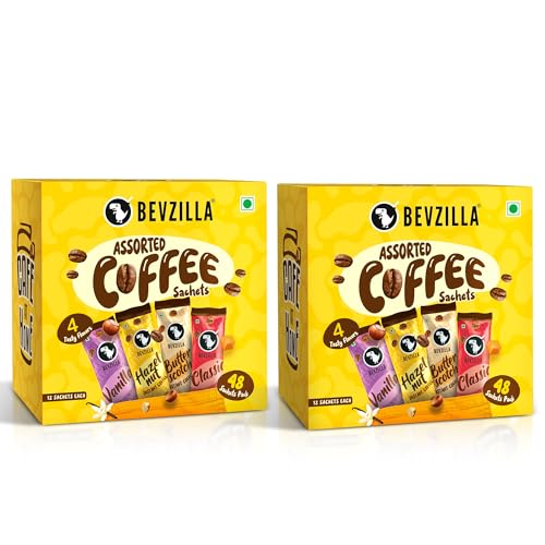 Image of Bevzilla Instant Coffee Powder 96 Sachet |Hazelnut, classic, Vanilla & Butterscotch | 24 Sachets Each Flavour| Hot & Cold Brews| Makes 96 Cups|Arabica Coffee| Perfact For Espresso, Latte, Cappuccino