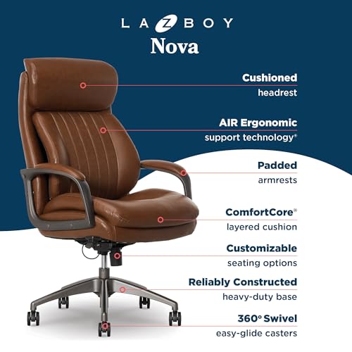 La-Z-Boy Nova Executive Office Chair, Patented AIR Ergonomic Support Technology, High-Back Premium Comfort & Support, Cognac Brown Vegan PU Leather