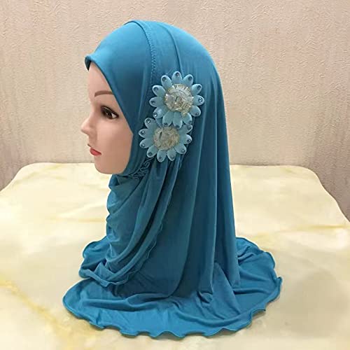 Kids Girls Ice Silk Muslim Khimar Hijab Headscarf Elastic Beanie with Crystal Flower Arab Scarf Shawls Neck Wrap Islamic Head Wrap Turban Cap Fashion Rhinestone2