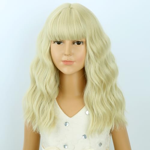 Image of Kids Light Blonde Wig Girls Short Blonde Wavy Curly Wigs Child Wig with Air Bangs Synthetic Cosplay Hair Wigs