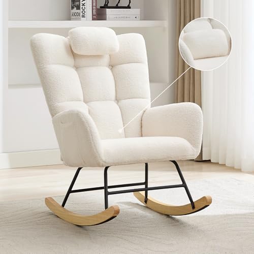 Nursery Rocking Chair, Teddy Upholstered Glider Rocking Chair with High Backrest, Armchair Reading Chair for Adults, Nursery, Bedroom, Living Room, Of