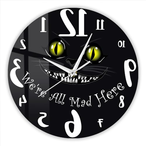 Timethink 12 Inch Wonderland Cheshire Cat Reverse Clock, Counterclockwise Wall Clock Silent Quartz Non Ticking Battery Operated We're All Mad Here Backwards Running Wall Art Clock Watch for Bedroom