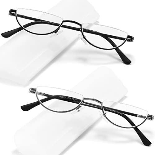 TOVEEN 2 Pack Half Lens Reading Glasses Blue Light Blocking, Half Moon Frame Semi Rim Spring Hinge Readers with Case for Men Women Black/Gunmetal +2.25