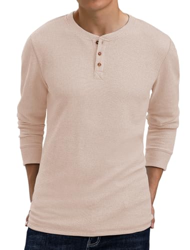 BINGHUODAO Men's Waffle Long Sleeve Shirts Henley Scoop Neck Fall T-Shirt(Khaki,Medium)