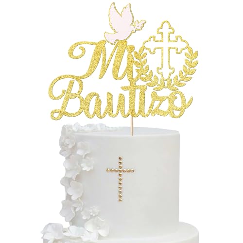 Decoracion Tarta Primera Comunion, Brillante Cake Topper Bautizo, Topper Tarta Confirmación, Cartón Decoración Tartas para Niños Primera Comunión Bautizo Fiestas Accesorios (Dorado C)