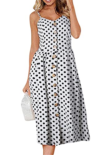 Image of YMING Womens Summer Spaghetti Strap Dresses Button Down Floral Sundress High Waist Swing Midi Dress with Pockets