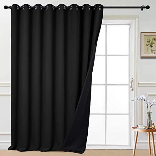 Image of Yakamok Black 100% Blackout Patio Door Curtain Panels W100 x L108,1 Panel | Noise Reducing Barrier Panel for Sliding Glass Door, 2 Thick Layers Heat Full Light Blocking Patio Door Drapery