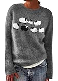  Onsoyours Y2K Pull Femme Manche Longue Oversize Tee Tops Pullover Sweatshirt Col en V Mode Vintage Motif Losanges Pull en Tricot D09 Gris S
