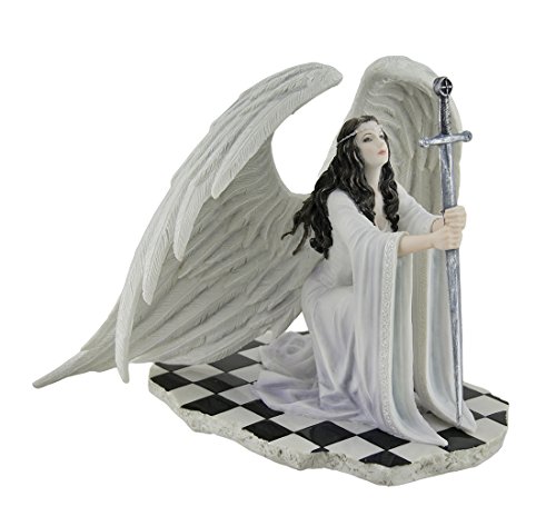 The Blessing by Anne Stokes Kneeling Gothic Angel in White Holding Sword Statue