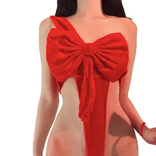 JasmyGirls Damen Sexy Schleife Dessous Valentines Rot Unwrap Me Teddy Babydoll Weihnachten Cosplay Kostüm Samt Bodysuit
