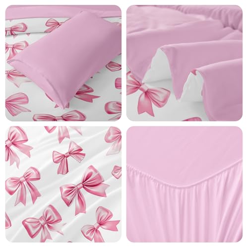 Image of DORCAS Bow Comforter Set Full Bed in A Bag for Girls,6 Pieces Pink Bow Bedding Sets with Sheets for Kids