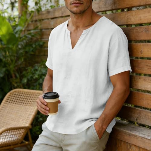 Linen T-Shirts for Men V Neck Short Sleeve Cotton Linen Shirt Loose Fit Beach Clothes Vacation Outfits 2026 Resort Wear Lightweight Tropical Shirts Casual Stylish Summer Clothes Holiday Outfits — view 2