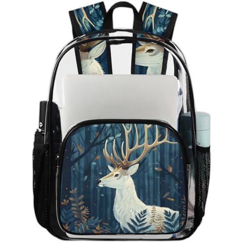 Night Deep Woods Deer Clear Backpack Stadium Approved PVC Backpacks for Adults Heavy Duty Clear Bag for Work Security Travel College