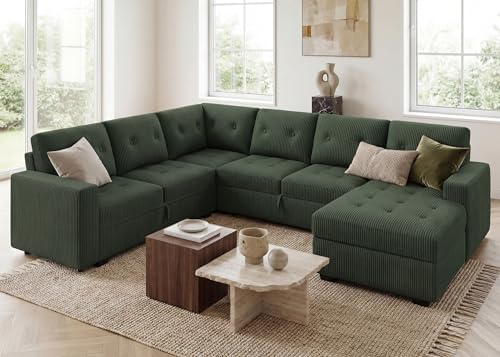 Image of HONBAY Modular Sectional Sleeper Sofa with Pull Out Bed, U Shaped Sleeper Couches with Storage Chaise, 114'' Sleeper Sectional Sofas for Living Room, Apartment (Velvet Green)