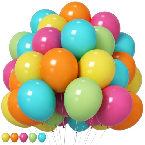 Image of HILAVO Tropical Balloons 12 Inch Summer Hawaiian Hot Pink Orange Teal Yellow Green Colorful Latex Party Balloon Multicolor for Luau Pool Aloha Beach Birthday Baby Shower Wedding Party Decoration