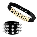 YANCHUN Puddin Necklace Bracelet Set Halloween Costume Women Punk Letter Choker Costume Outfit Cosplay Party Accessories Set for Women