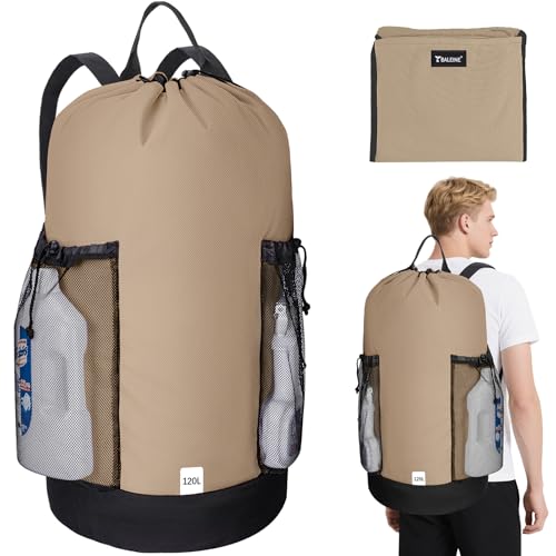 BALEINE 120L Laundry Bag Backpack, 900D Oxford Fabric Large Travel Laundry Bags with Shoulder Straps and 2 Mesh Pockets for College Dorm, Apartment, Laundromat (Khaki, 120L)