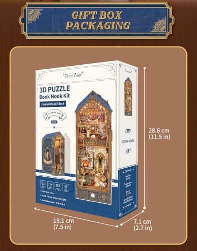 Image of Tonecheer DIY Book Nook Kit for Adults, 3D Puzzle Wooden Miniature House Kit, Booknook Dollhouse Bookshelf Insert Decor Bookend with Dust Cover and LED Lights Gifts (Leonardo da Vinci)