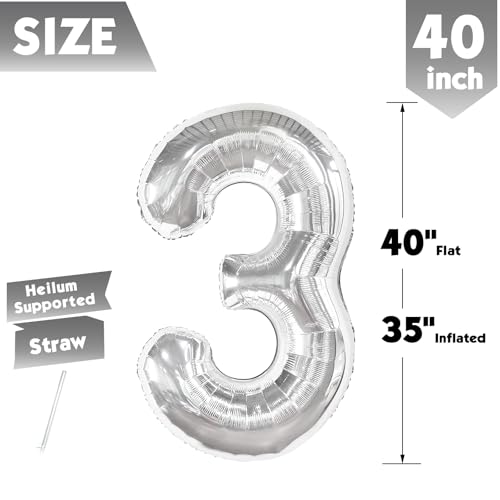 Image of 40 Inch Silver Number 3 Balloon Birthday Party Decorations for Men & Women