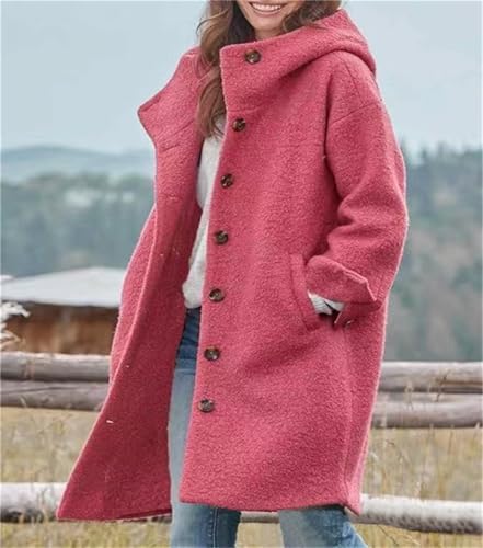 Generisch Abrigos de invierno para mujer, abrigo largo de lana, chaqueta con capucha de un solo pecho, gabardina casual de mezcla de lana, fucsia, L - imagen 6