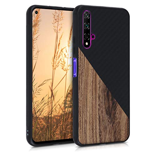 kwmobile Funda rígida Compatible con Huawei Nova 5T - Carcasa de Madera y Fibra de Carbono - en marrón Oscuro/Negro