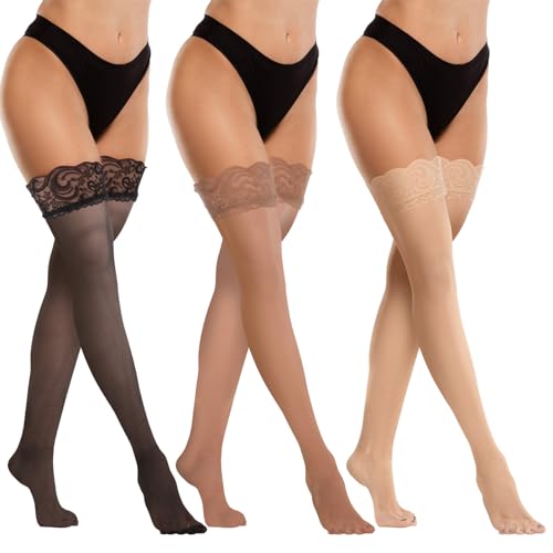 Image of Abeillo 3 Pairs Lace Thigh High Stockings for Women, Sheer Tights Silky Pantyhose for Women and Girls (Black, Nude, Coffee)