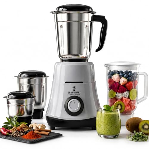Image of Growsmart HydroGrind Powerful 750 W Juicer Mixer Grinder For Kitchen 4 Jars (3 Stainless Steel + 1 Juicer) Mixie For Mixing, Grinding, Juicing 4 Years Warranty (Grey & Black)