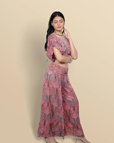 Image of Women's Poly Silk Cowl Sleeves Crop Top with Palazzo Pants