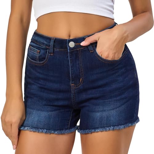 Image of VIPONES Women Mid Rise Jeans Shorts Frayed Raw Hem Summer Stretchy Casual Denim Shorts