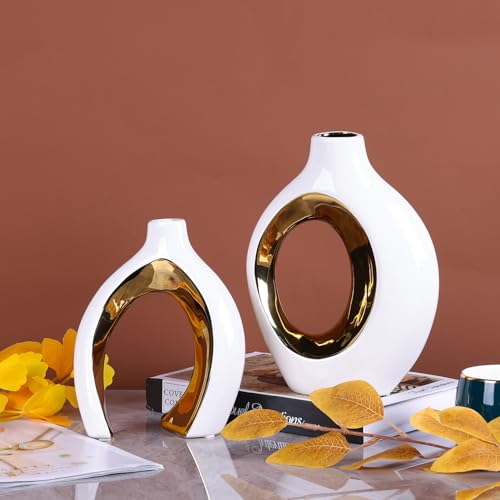 Ceramic Vase Set of 2, Modern Hollow Donut Vases for Flowers, Nordic Minimalist Vases for Home Decor Living Room Decor, couple ceramic vase (Electroplating-white+gold)