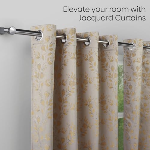 Image of haus & kinder Jacquard Door Curtains 7 Feet Long Pack of 2 Door Curtains, 7 Feet Curtains for Door (Leaf Meadow, Lemon 130x213 CM)