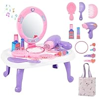 Toddler Vanity Makeup Table Toy for Girls with Mirror Lights & Music, Pretend Play Beauty Salon Set with Hair Dryer, Comb & Accessories, Princess Vanity Playset Birthday Gifts for 2-6 Year Old Girls