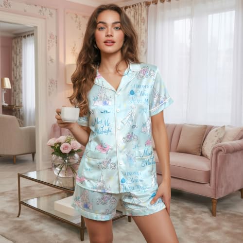 Image of Women 2PCs Satin Pajama Set Short Sleeve Silk Feel Gift Sleepwear | Soft stretch satin; relaxed comfort fit sizes S-3XL for sleep & lounge; short sleeve top, elastic waist shorts; easy care