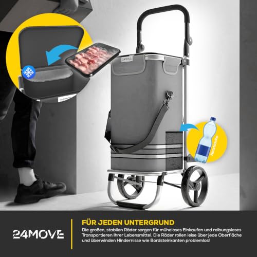 24MOVE® Einkaufstrolley Vehlo klappbar mit 55L inkl. Kühlfach, Faltbarer 3in1 Trolley - Sackkarre und Tasche, bis 40kg belastbar, grau – Ansicht 5
