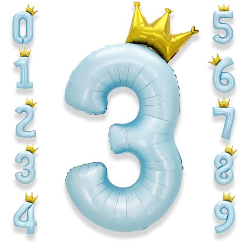 AULE 40 Inch Big Light Blue 3 Balloon Number with Crown