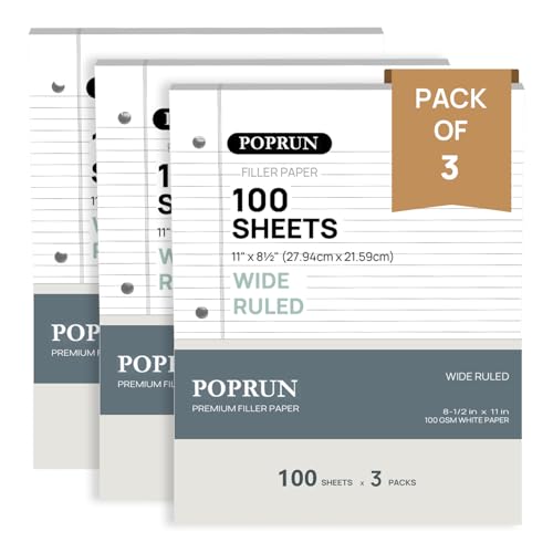 POPRUN Loose Leaf Paper, 8.5" x11" Wide Ruled, 100GSM /