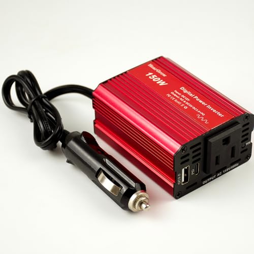 150W Red Car Power Inverter 12V DC to 110V AC Converter Vehicle Adapter Plug Outlet with 3.1A Dual USB Car Charger for Laptop Computer 20W Type-c,USB-a,PD3.0,QC3.0,USB Ports with Super Fast Charge