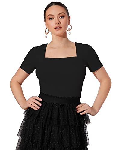 Image of Shasmi Women Polycotton Regular Fit Solid Knitted Square Neck T-Shirts Short Puff Sleeve Tops (TOP 52)