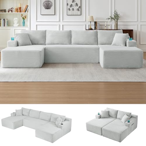 Image of Oversized Cloud Boneless Couch with Chaise, Modern Modular Sofa with Deep Seat, Corduroy Upholstered U Shaped Couch for Living Room, No Assembly Required (Light Grey)