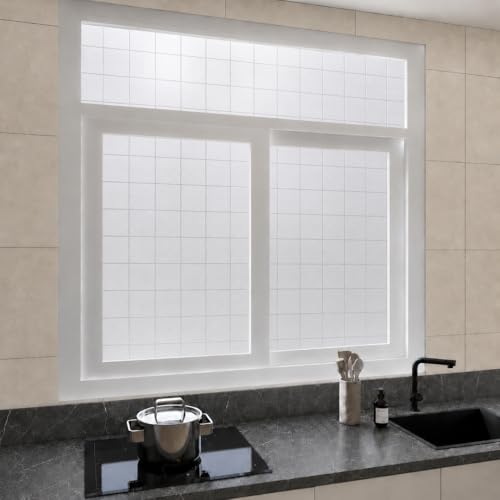Image of CVANU Frosted Grid Privacy Window Film, Decorative 1.5 Inch Square Pattern Self Adhesive Waterproof Vinyl Covering Sheet for Glass Door, Windows, Bathroom, Home & Office Use (24 x 25 Inch)