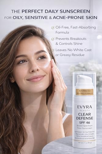 Evyra Beauty EVYRA Clear Defense SPF 46 Sunscreen Lotion for Face Broad Spectrum UV Protection, Niacinamide + Zinc PCA Oil Control, Lightweight Non-Greasy, No White Cast, Water-Resistant, For Oily/Acne-Prone Skin