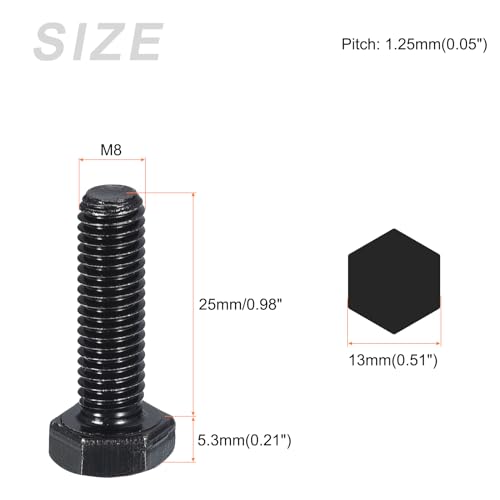 Image of METALLIXITY Hex Bolts (M8-1.25x25mm) 20Pcs, 12.9 Grade Carbon Steel Fully Threaded Black Oxide, Coarse Thread UNC Hex Head Screw Bolt - for Mechanical Repair