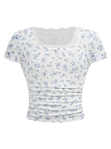 Girl's Ditsy Floral Print Lace T Shirt Short Sleeve Ribbed Ruched Cute Tee Shirts Summer Tops