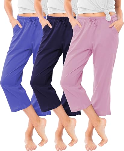 Image of Sexy Basics Women's 100% Cotton Lounge Pants | Capri Style Pajama Sleep Bottoms | Drawstring & Pockets |Multi-Packs & Colors