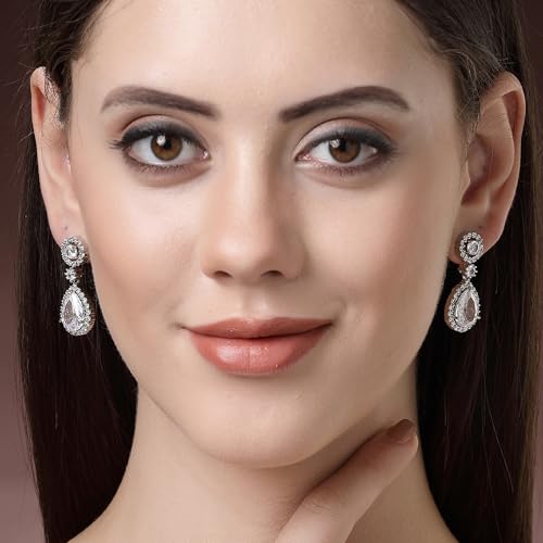 Image of Zeneme Fashion Rhodium Plated Brass Silver Toned Fancy Tear Drop Dangle Earring For Women and Gifts For Girls