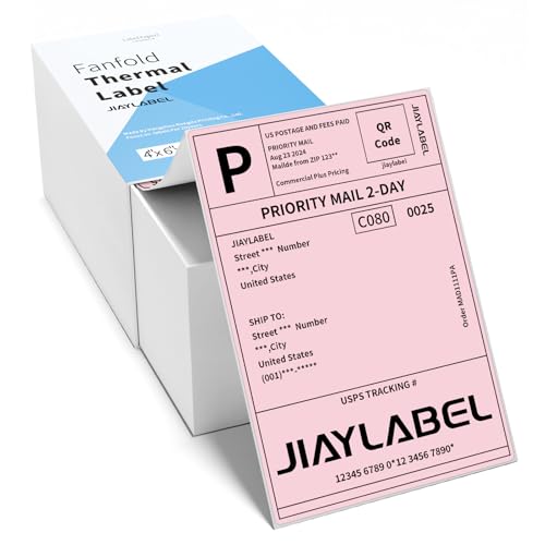 JIAYLABEL 4x6 Thermal Shipping Label Mailing Stickers Paper for Thermal Label Printer USPS UPS Address Big Packing Fanfold Pink Color 500 Labels/Stack,1 Stack