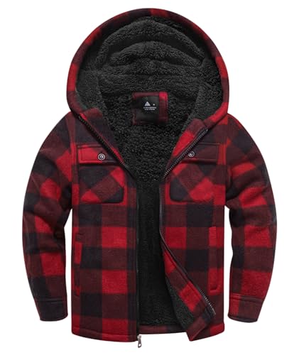 Image of V VALANCH Boys Zip-up Hoodie Fleece Lined Plaid Sweatshirt Jacket Hooded Flannel Sherpa Lined Winter Coat for Kids 6-15 Years